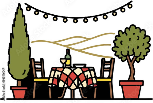 Outdoor dining scene with checkered tablecloth, string lights, trees, and hills