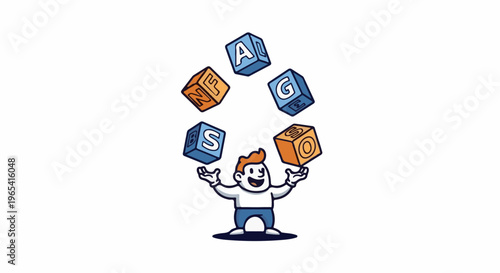 Cheerful character juggles alphabet blocks in a colorful cartoon style