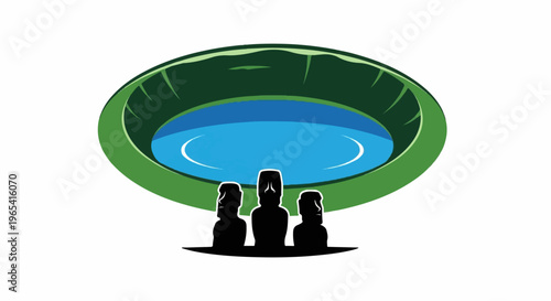 Stylized depiction of ancient monolithic statues near a pool