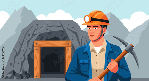 Illustration of a miner standing in front of a mine entrance holding a pickaxe.