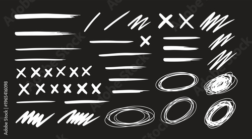 Vector set of grungy graphic elements. Street art texture hand drawn pencil underlines and strikethrough, scribble emphasis lines, crazy hatches, ovals and crosses.