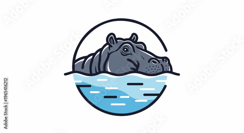 Stylized illustration of a hippopotamus emerging from blue water within a circle