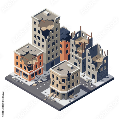vector isometric of badly damaged buildings after the war 04