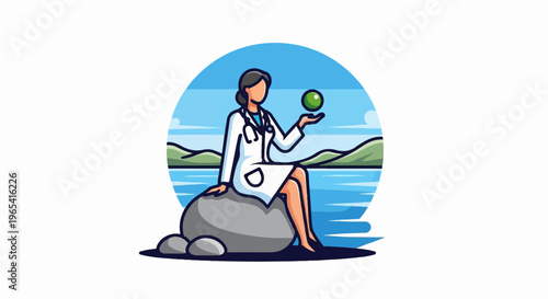 Medic in white coat holding green sphere by serene lake with hills