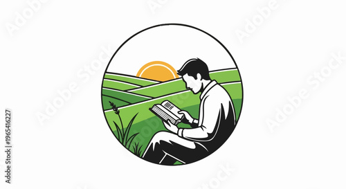 Man reads book in rolling green fields at sunrise