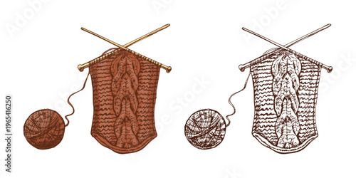 Hand drawn vintage sketch of knitting needles with yarn ball and knitted fabric with leaf ornament colored and monochrome set