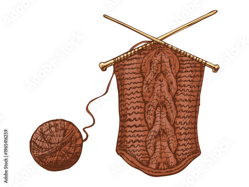 Hand drawn vintage sketch of knitting needles with yarn ball and knitted fabric with leaf pattern ornament illustration