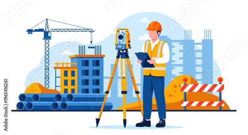 Illustration of a construction worker operating a surveying instrument with a tablet in a construction site with buildings and equipment.