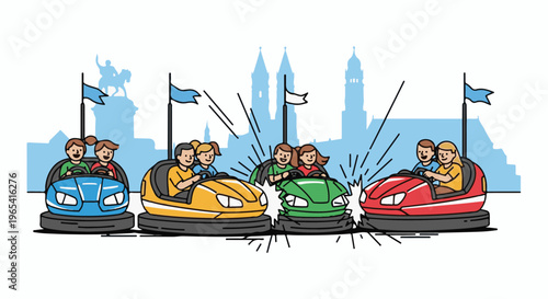 Children joyfully ride bumper cars at an amusement park with a city skyline