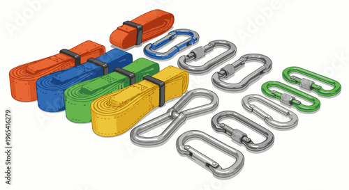Collection of colorful straps and metal carabiners arranged on a white background