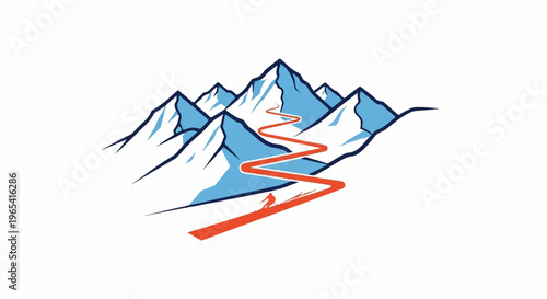 Stylized mountains with a winding orange ski slope and skier