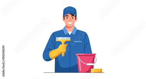 Illustration of a smiling janitor holding a squeegee and standing next to a pink bucket on a clean white background.
