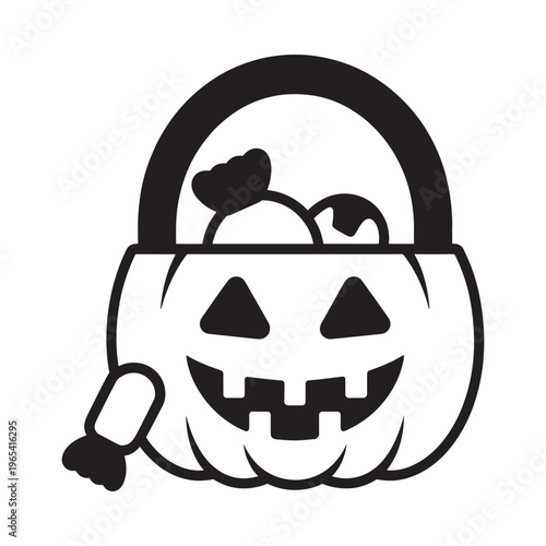 A black and white illustration of a pumpkin shaped basket for trick or treating