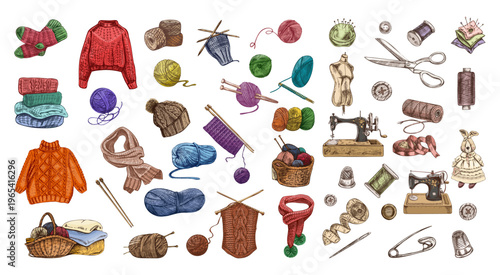 Hand drawn vintage sketch set of knitting sewing tools yarn clothes textile craft collection illustration bundle