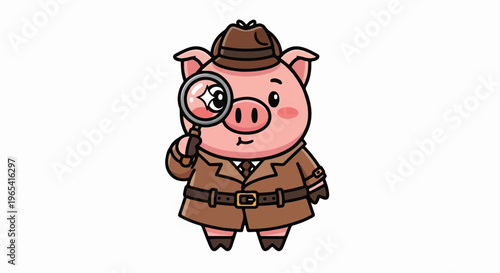 Cute cartoon pig wearing a detective coat and hat, holding a magnifying glass
