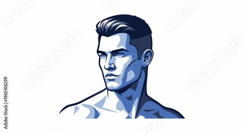 Stylized portrait of a muscular man's head and shoulders in blue