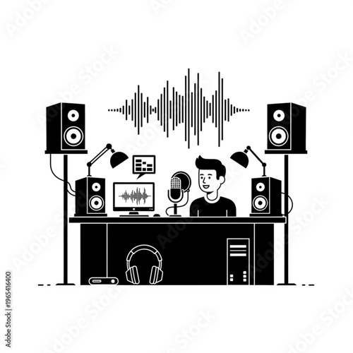 Podcast Studio Setup - Man Recording Audio with Microphone and Sound Equipment.