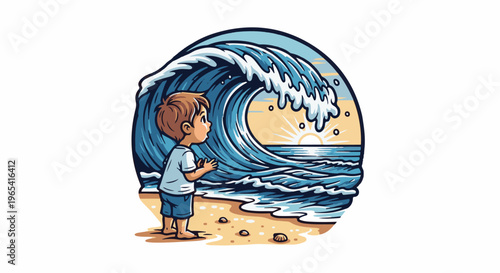 Child gazes at a colossal ocean wave at sunset on a sandy beach