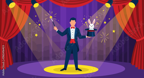 Illustration of a magician performing on stage with a rabbit and magic wand, surrounded by spotlights and curtains.