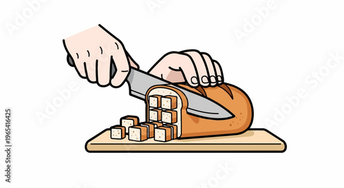 Hand slicing loaf of bread into cubes on a wooden board