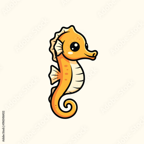 A vibrant cartoon seahorse with an orange body, black outlines, and large, expressive eyes, set against a cream background