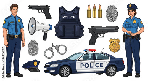 Illustration of police officers with equipment and a police car on a white background.