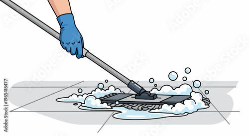 Hand in blue glove cleans tiled floor with soapy mop and bubbles