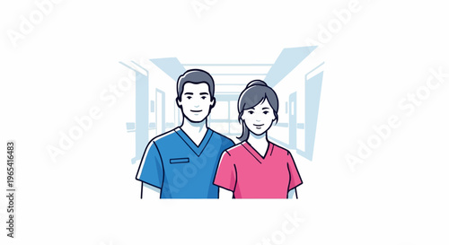 Two healthcare professionals in scrubs stand smiling in a bright hospital corridor