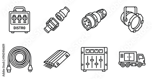 Assorted electrical equipment for stage lighting and power distribution, including distros and cables