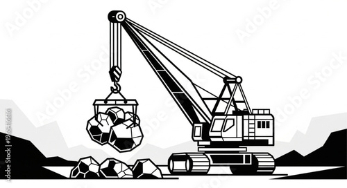 Powerful Excavator Lifting Rocks - A Symbol of Mining and Construction.