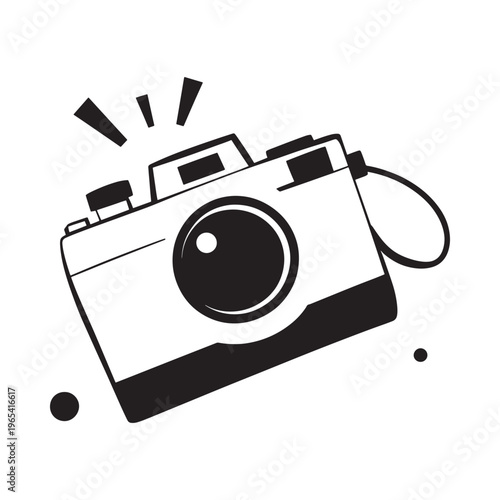 Simple black and white illustration of a vintage camera with a flash symbol