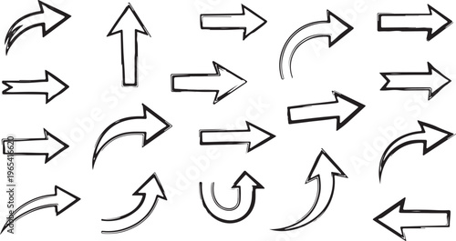 Collage elements set, cut out of paper hand drawn doodle arrows collection. Grunge clipping funky elements for scrapbook. Vector illustration isolated on transparent