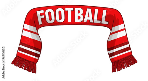 Red and white striped football scarf with fringe on a plain white background