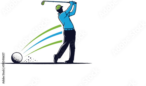 Golfer swings at a ball, green and blue lines trail
