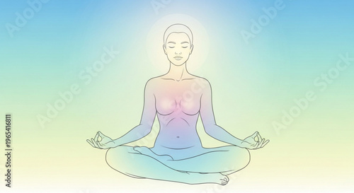 Woman meditates in lotus position with glowing aura symbolizing inner peace and mindfulness in a serene environment