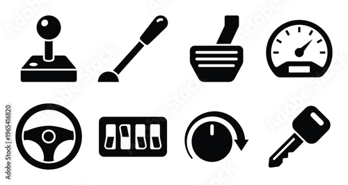 Car interior parts set with a gear shift, handbrake, pedals, speedometer, steering wheel