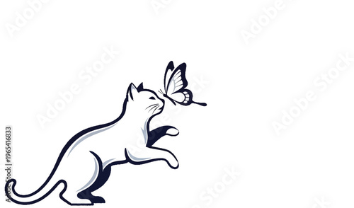 A stylized white cat is captured mid-pounce, reaching playfully for a delicate butterfly