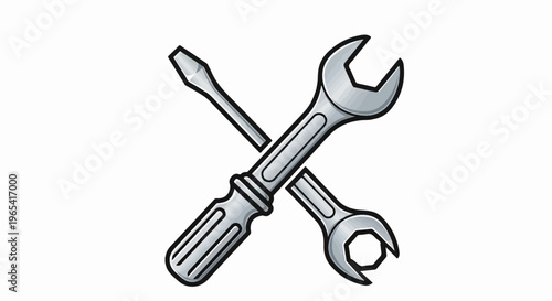 Crossed metallic screwdriver and wrench on a white background