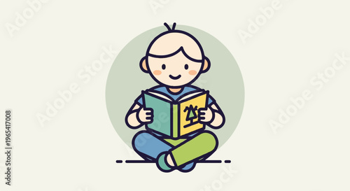 Cartoon child sitting cross-legged reading an open book with illustrations