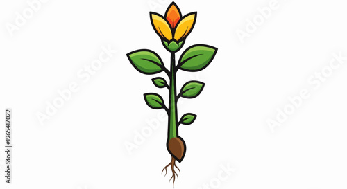 Cartoon illustration of a blooming plant with yellow-orange flower and green leaves