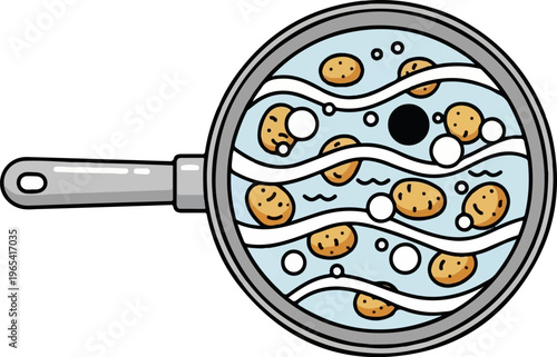 Cartoon frying pan with potatoes boiling in water