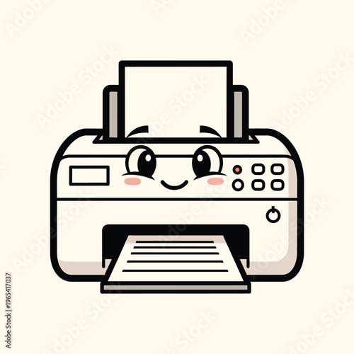 A smiling, friendly cartoon printer design with black outlines, rosy cheeks, and papers exiting the tray. It has a smiling face