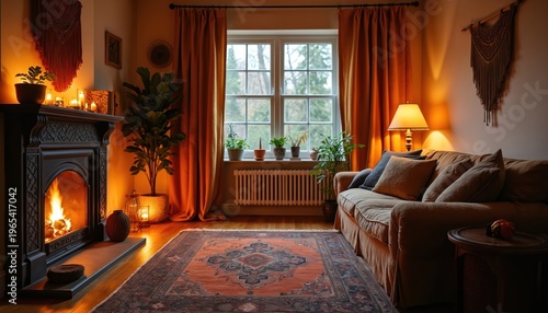 Fireplace glows in cozy living room. Warm light from candles and lamp. Sofa and rug create inviting atmosphere. Plants add nature touch. Room feels peaceful, perfect for relaxation.