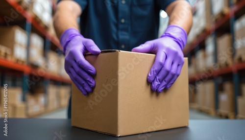 Person wears purple gloves handles cardboard box. Warehouse shelves with goods are in background. Focus on careful handling and safety precautions in logistics.