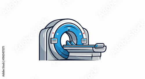 Cartoon MRI machine with blue and white scanner bed on white background