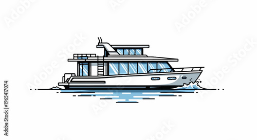 Modern white luxury boat cruising on blue water, white background