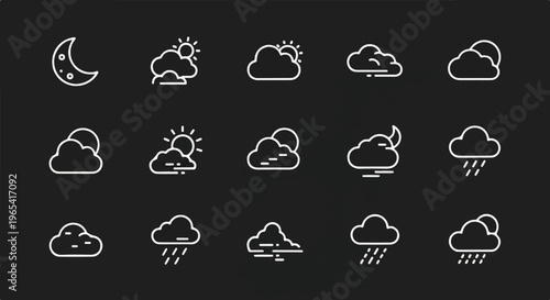 Collection of stylized weather icons, including moon, sun, clouds, and rain