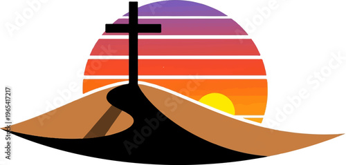 Black cross on hill with colorful sunset backdrop