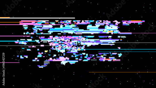 Pixelated glitch vector with red pink tones, digitalism concept in signal noise aesthetics for tech and gaming use. Dark background with subtle noise enhances contrast. Ideal for tech branding, UI,...