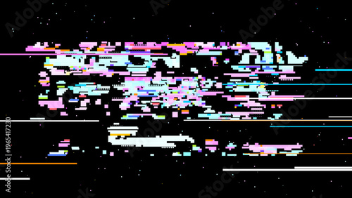 Abstract digital glitch vector in signal noise style with red pink accents, focused on digitalization and data transformation. Dark background with subtle noise enhances contrast. Ideal for tech br...